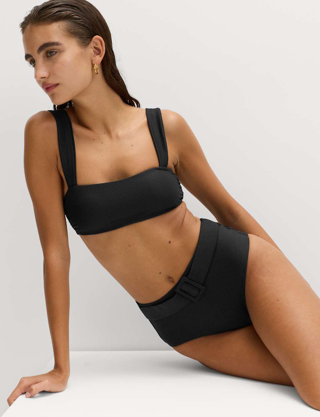 M&S Women's Textured Honey Comb High Waist Bikini Bottoms - 16 - Black