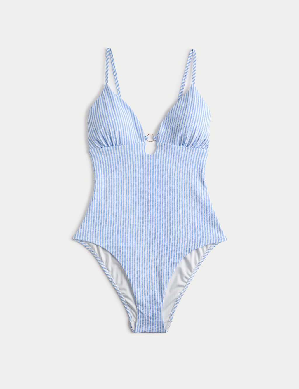 M&S Women's Striped Textured Ring Detail Plunge Swimsuit - 6 - Blue Mix