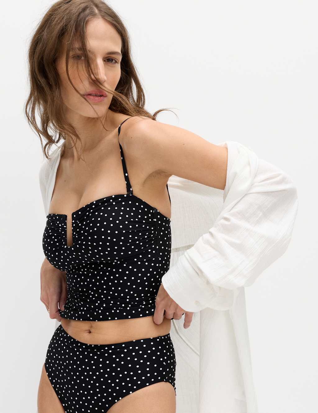 M&S Women's Spot Print Padded U-Wire Tankini Top - 6 - Black Mix
