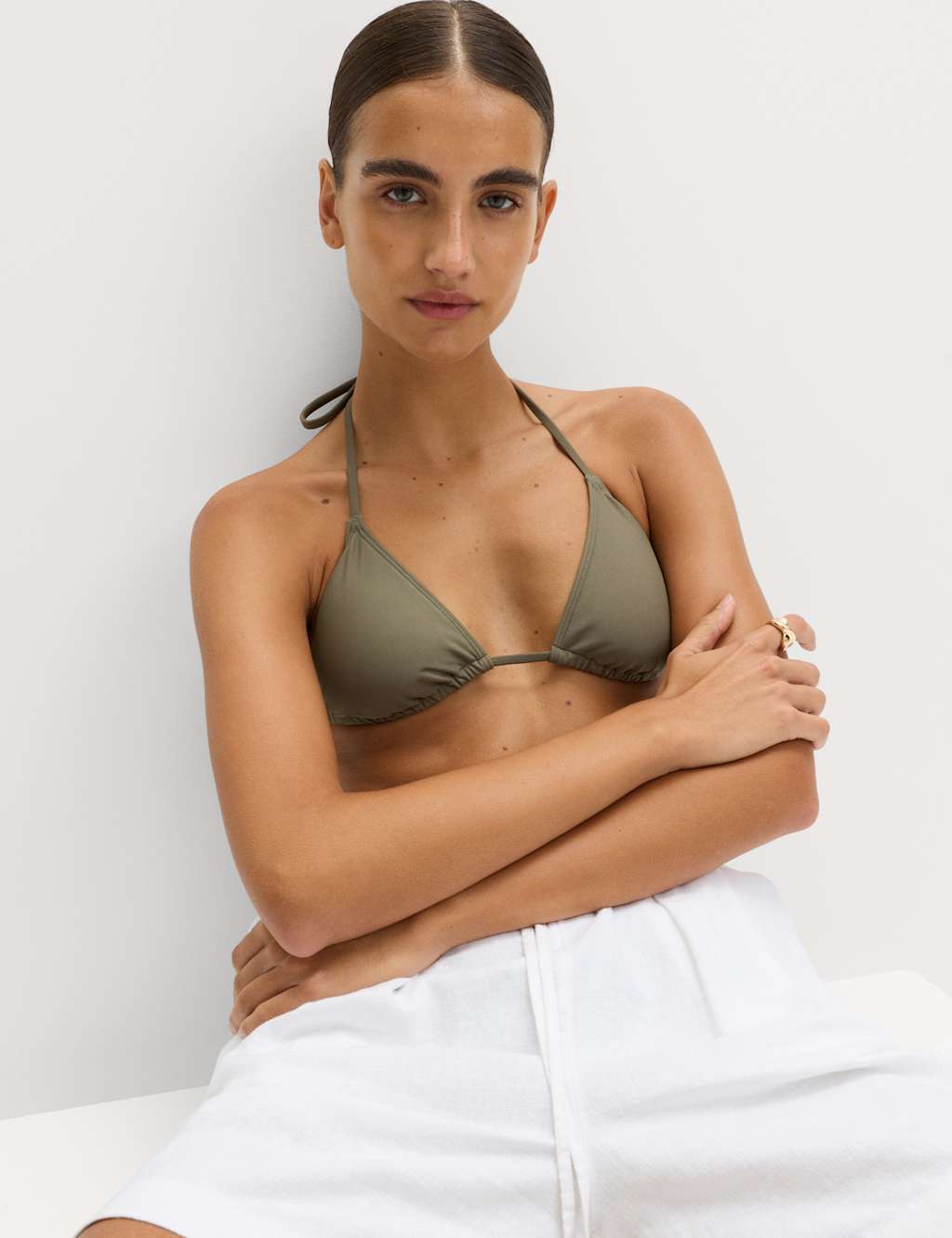 M&S Women's Padded Halterneck Triangle Bikini Top - 18 - Dark Khaki