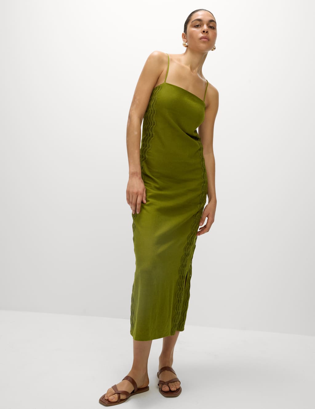 Linen Rich Square Neck Strappy Midi Shift Dress