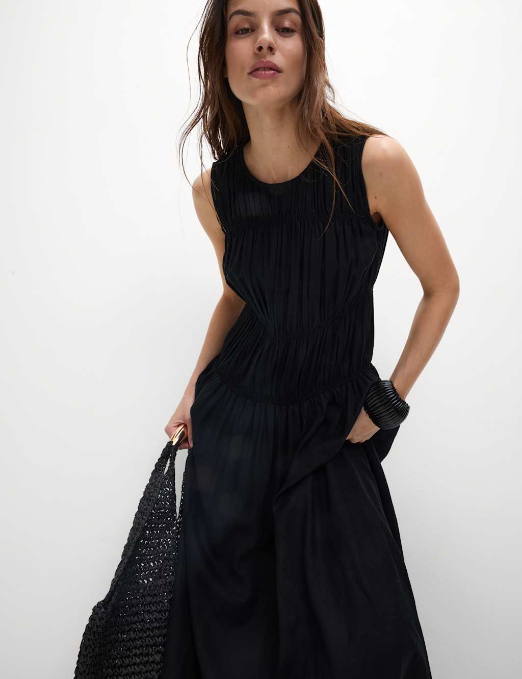 Linen Rich Ruched Midi Shift Dress