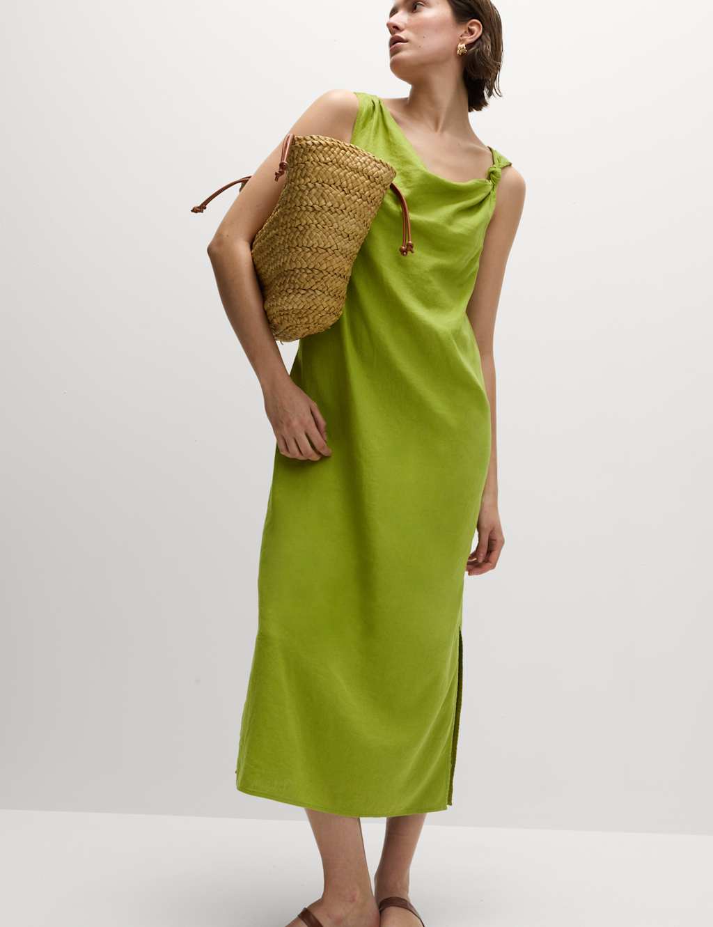 Linen Rich Tie Neck Midaxi Shift Dress