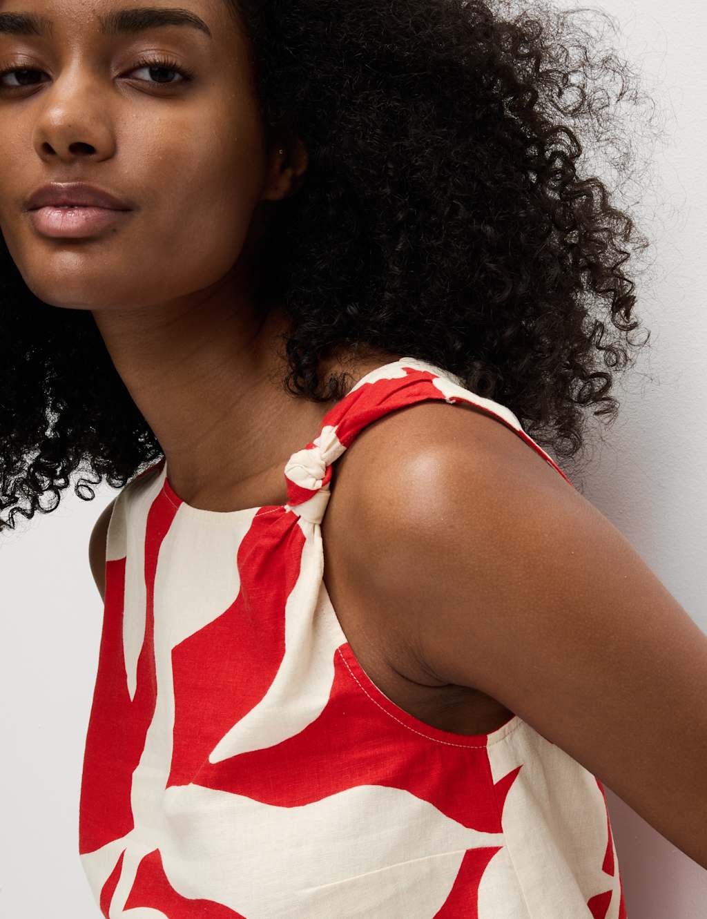 Linen Rich Printed Twist One Shoulder Top