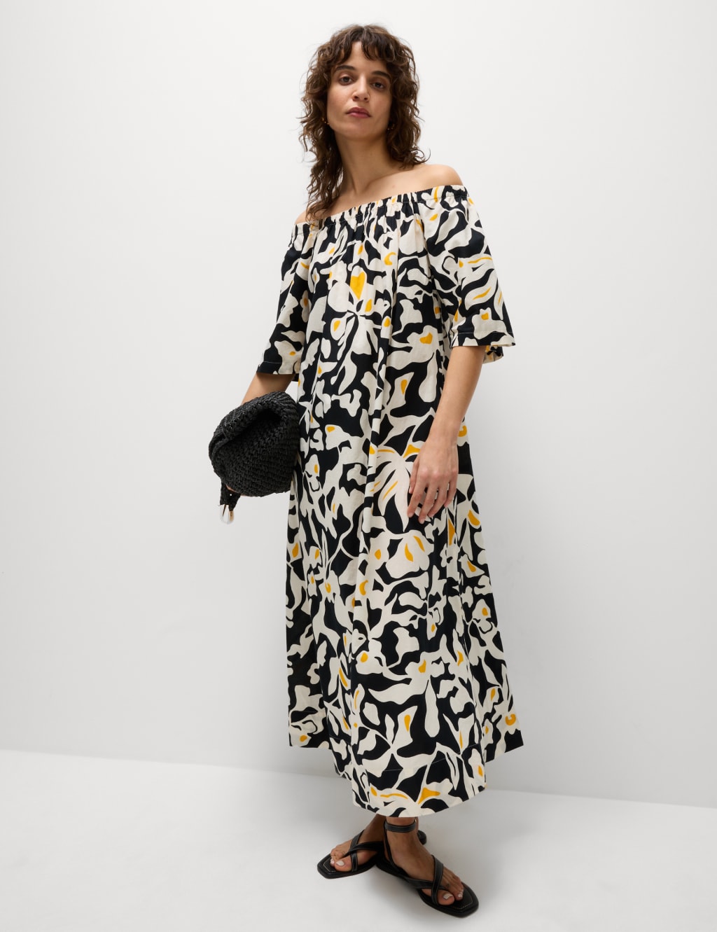 Pure Cotton Printed Bardot Midaxi Dress