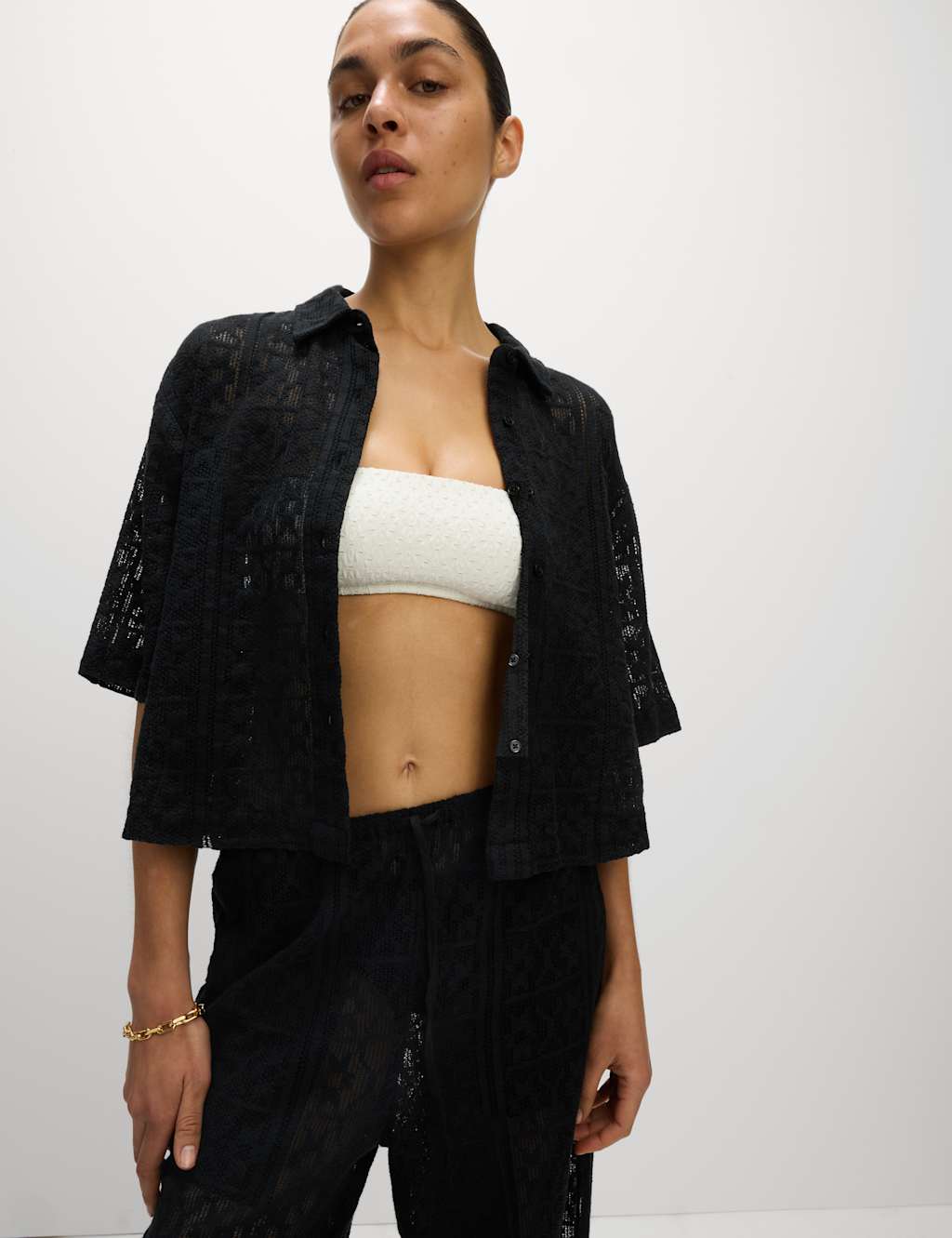 Pure Cotton Crochet Short Sleeve Beach Shirt