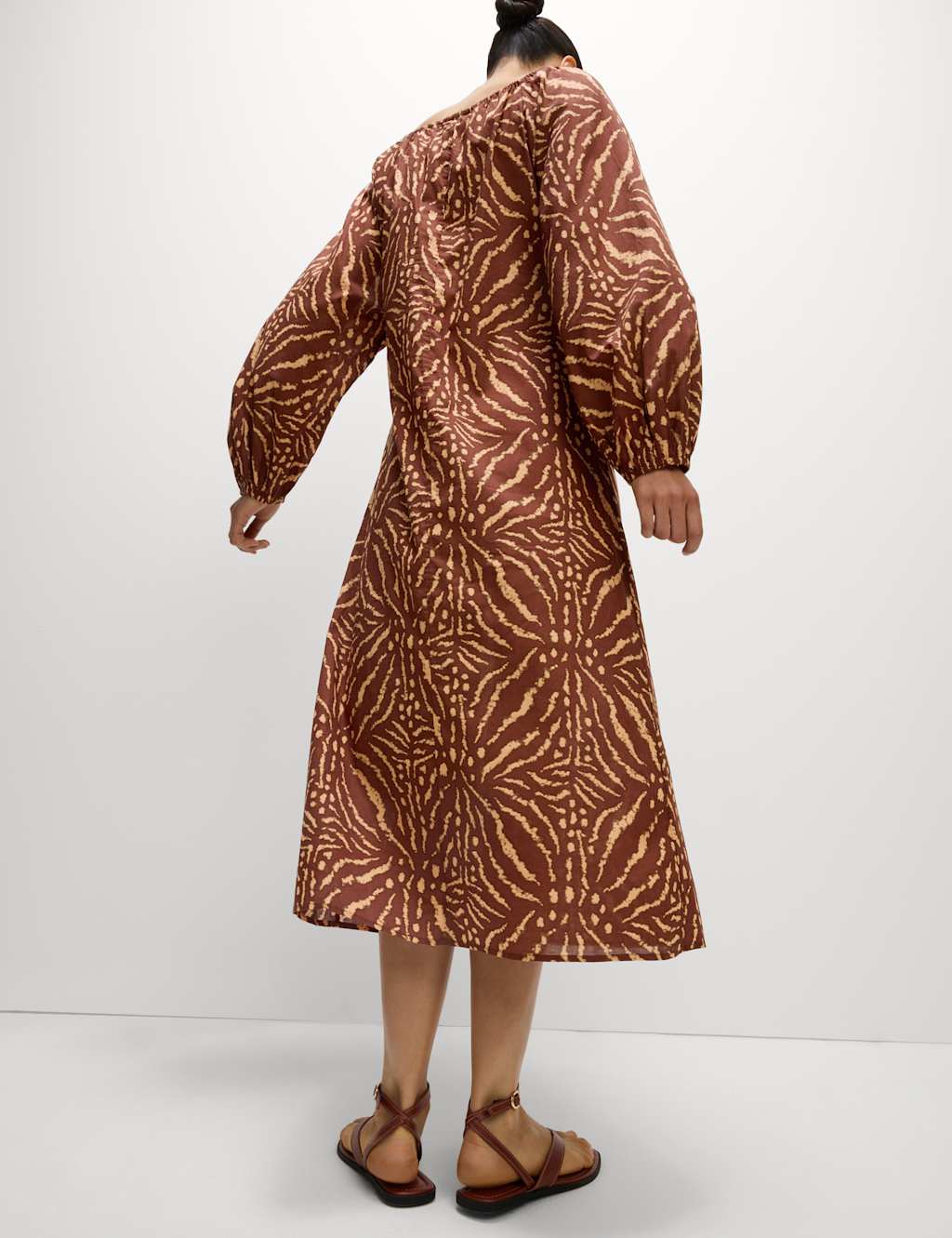 Pure Cotton Printed Tie Neck Puff Sleeve Midaxi Kaftan Dress
