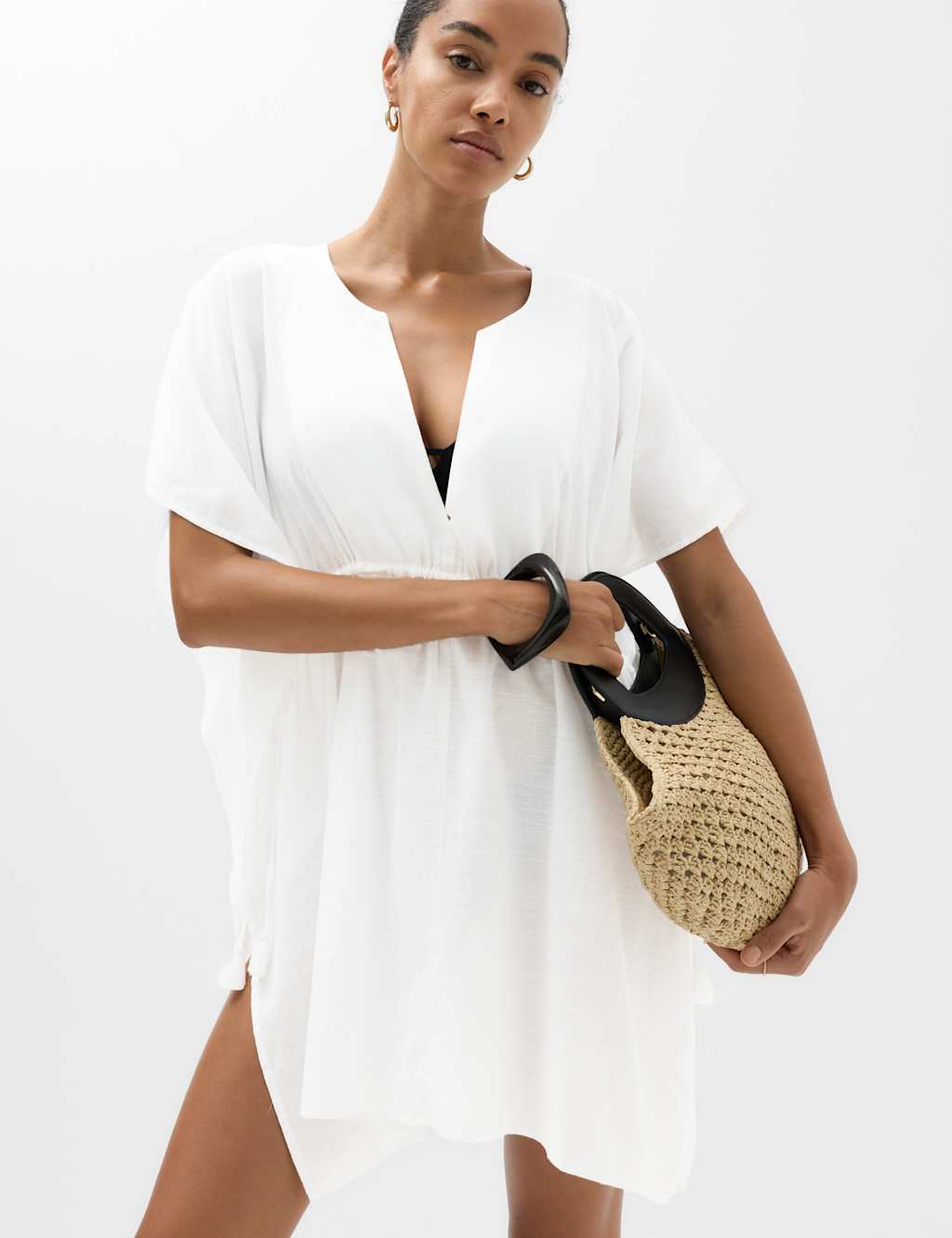 M&S Women's Pure Cotton Tie Detail Mini Kaftan Dress - Large - Soft White