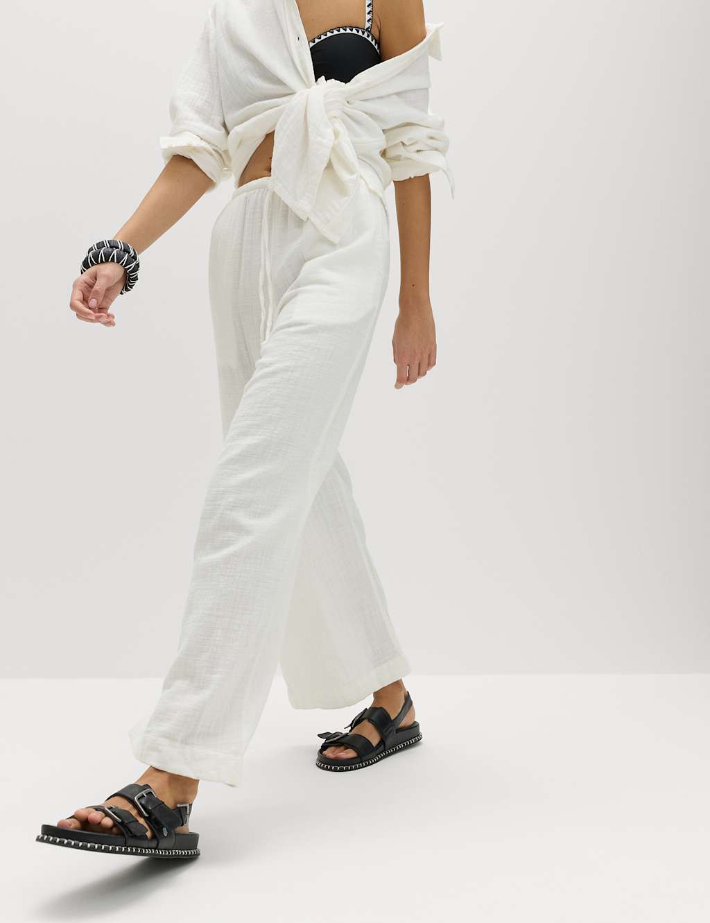 M&S Women's Pure Cotton Drawstring Beach Trousers - 18 - Soft White