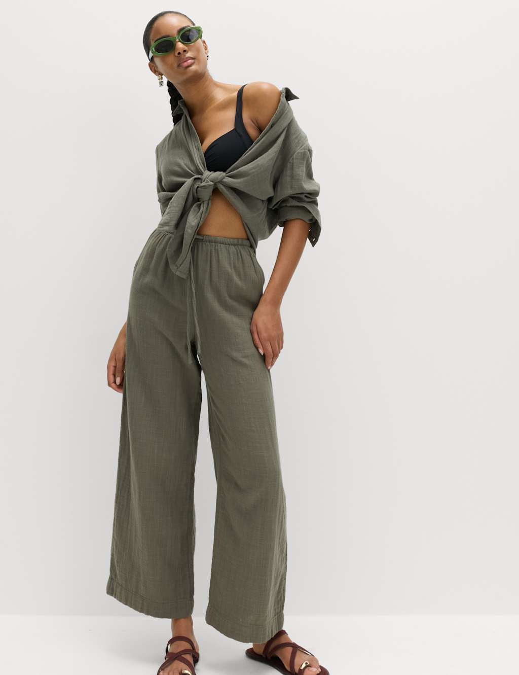 M&S Women's Pure Cotton Drawstring Beach Trousers - 16 - Dark Khaki