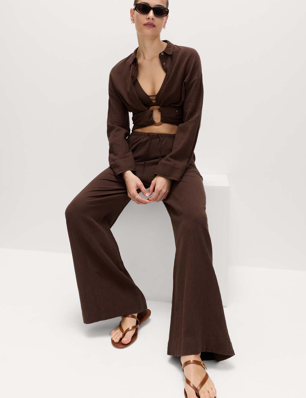 M&S Women's Cotton Rich Beach Trousers with Linen - 16 - Peat