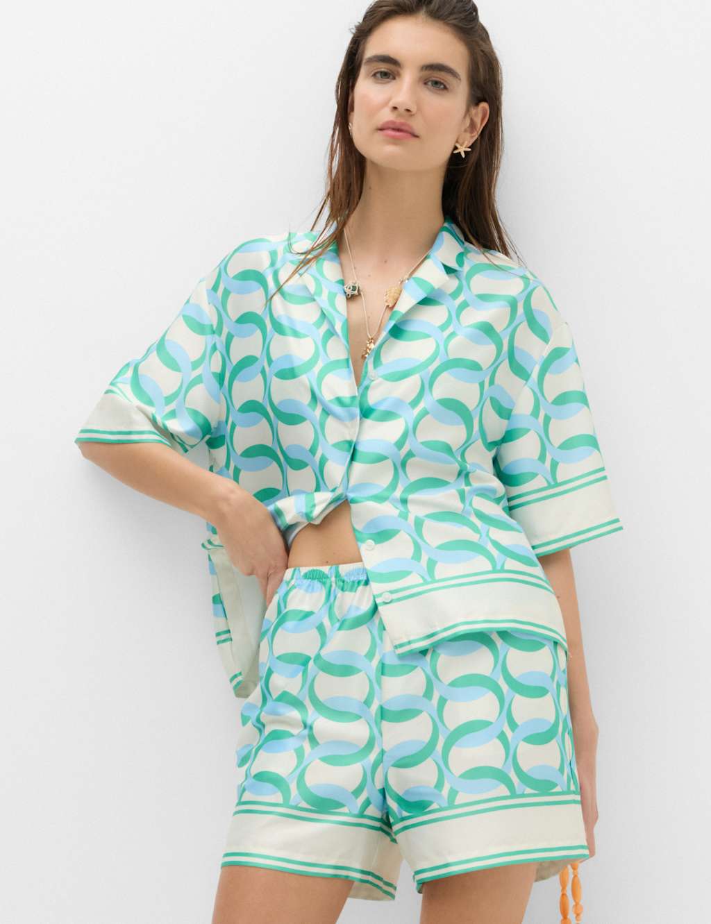 M&S Women's Satin Printed Short Sleeve Beach Shirt - 16 - Blue Mix