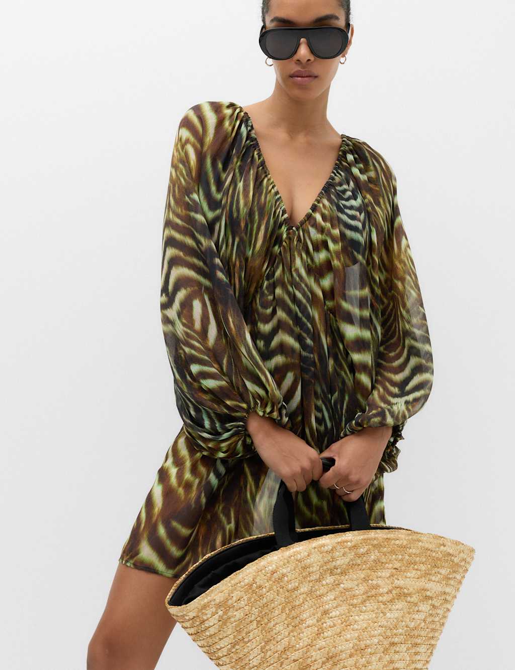 M&S Women's Animal Print Balloon Sleeve Mini Beach Dress - Small - Dark Green Mix