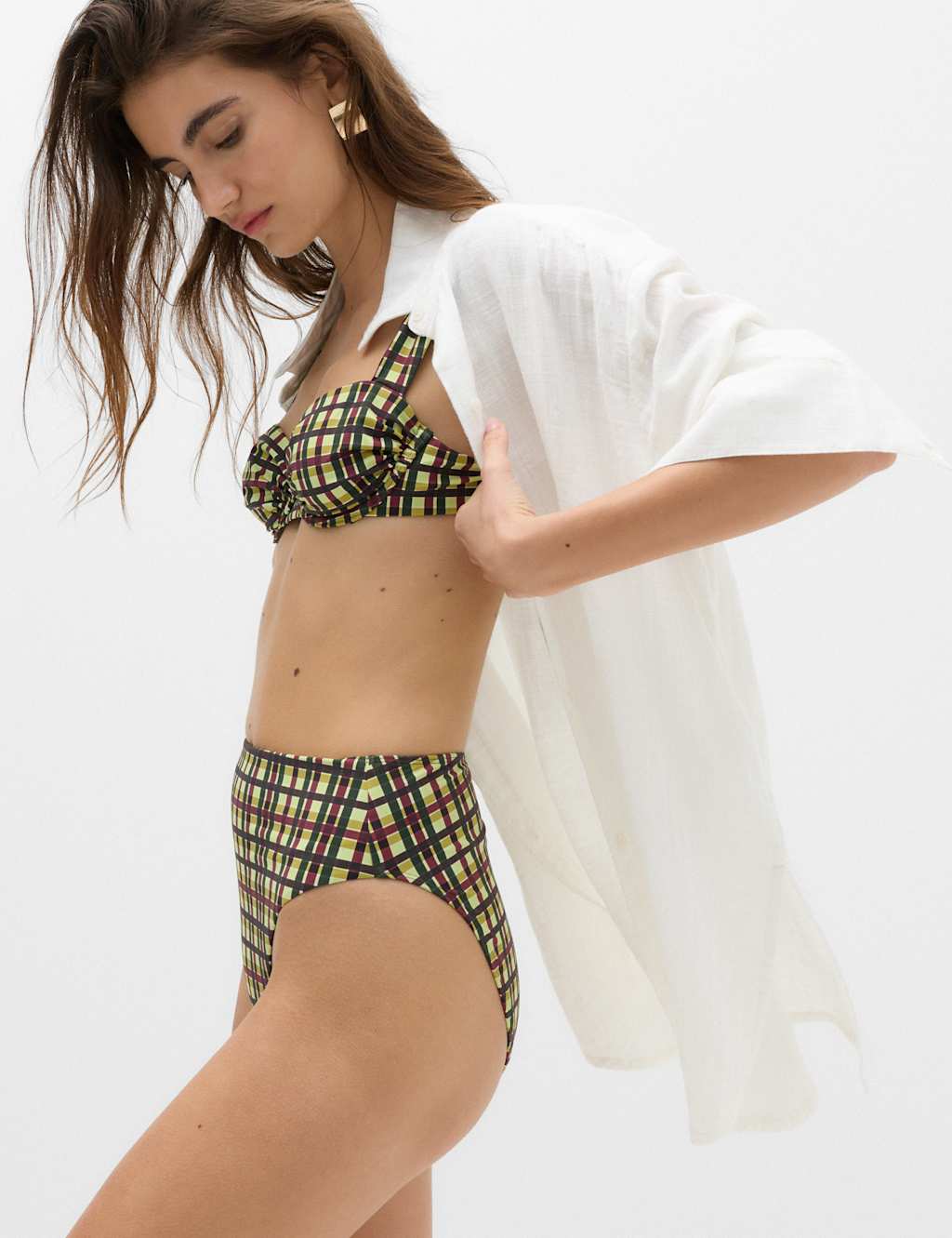 M&S Women's Checked High Waisted High Leg Bikini Bottoms - 20 - Green Mix