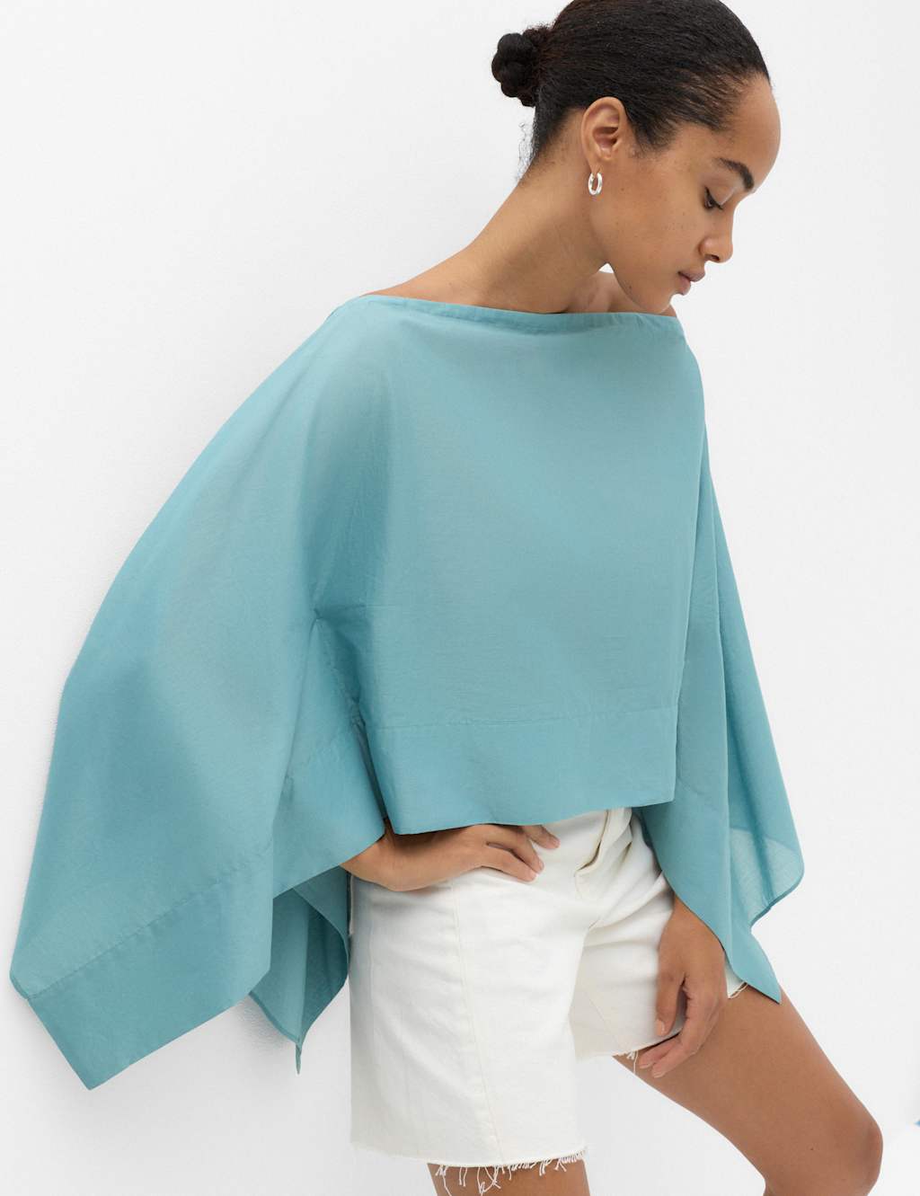 M&S Women's Pure Cotton Sheer Cape Top - Small - Duck Egg