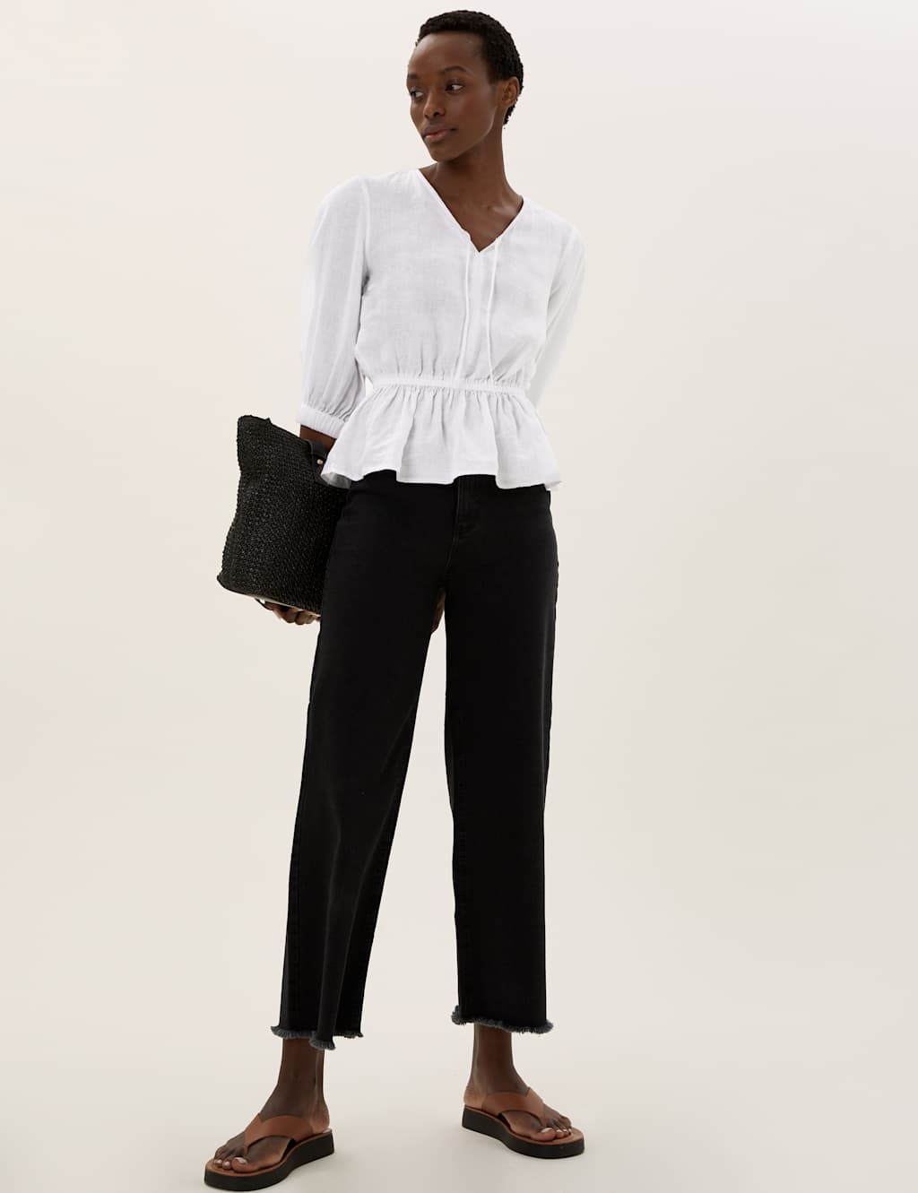 M&S Pure Linen V-Neck 3/4 Sleeve Peplum Top White