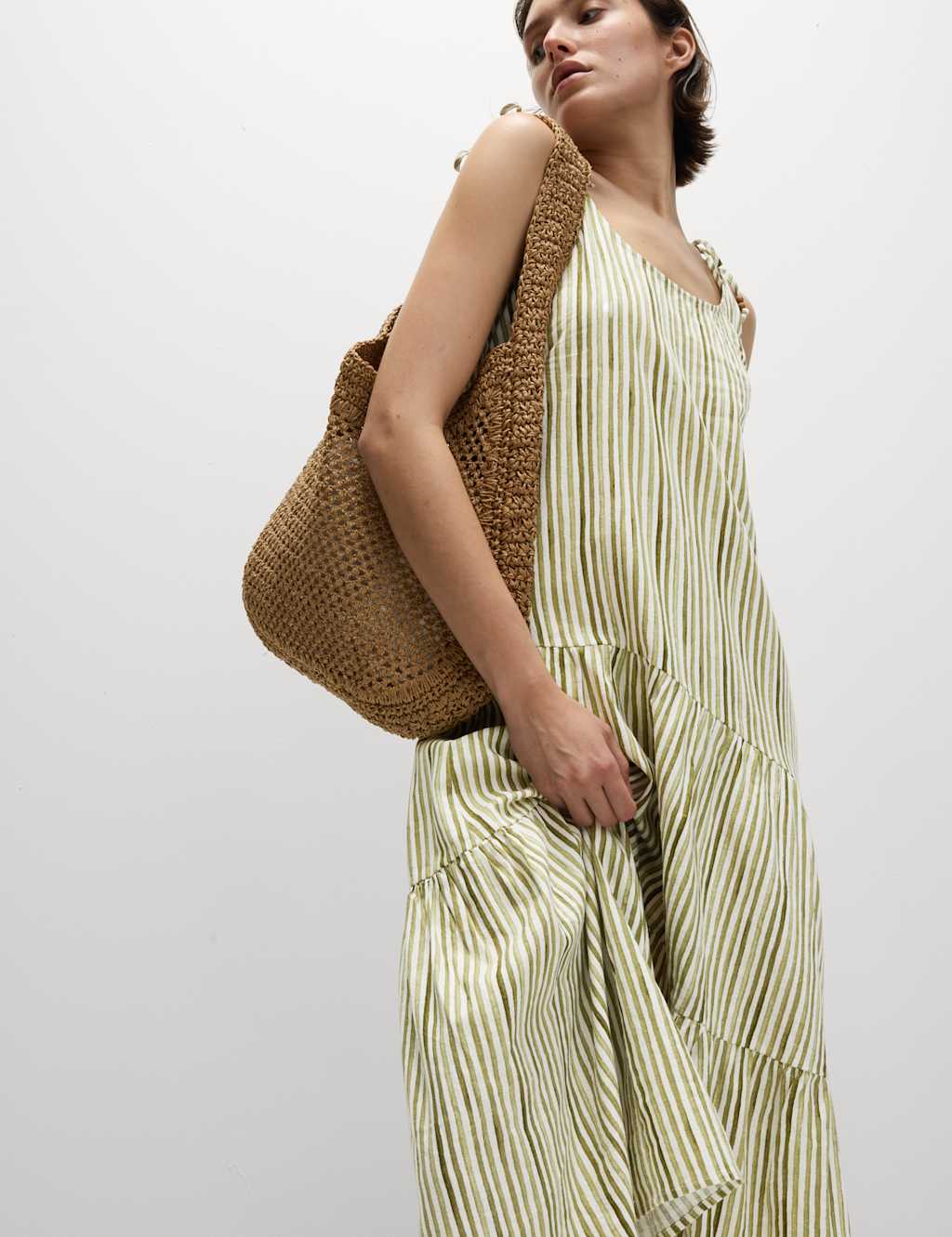 Linen Rich Tie Shoulder Midi Swing Dress