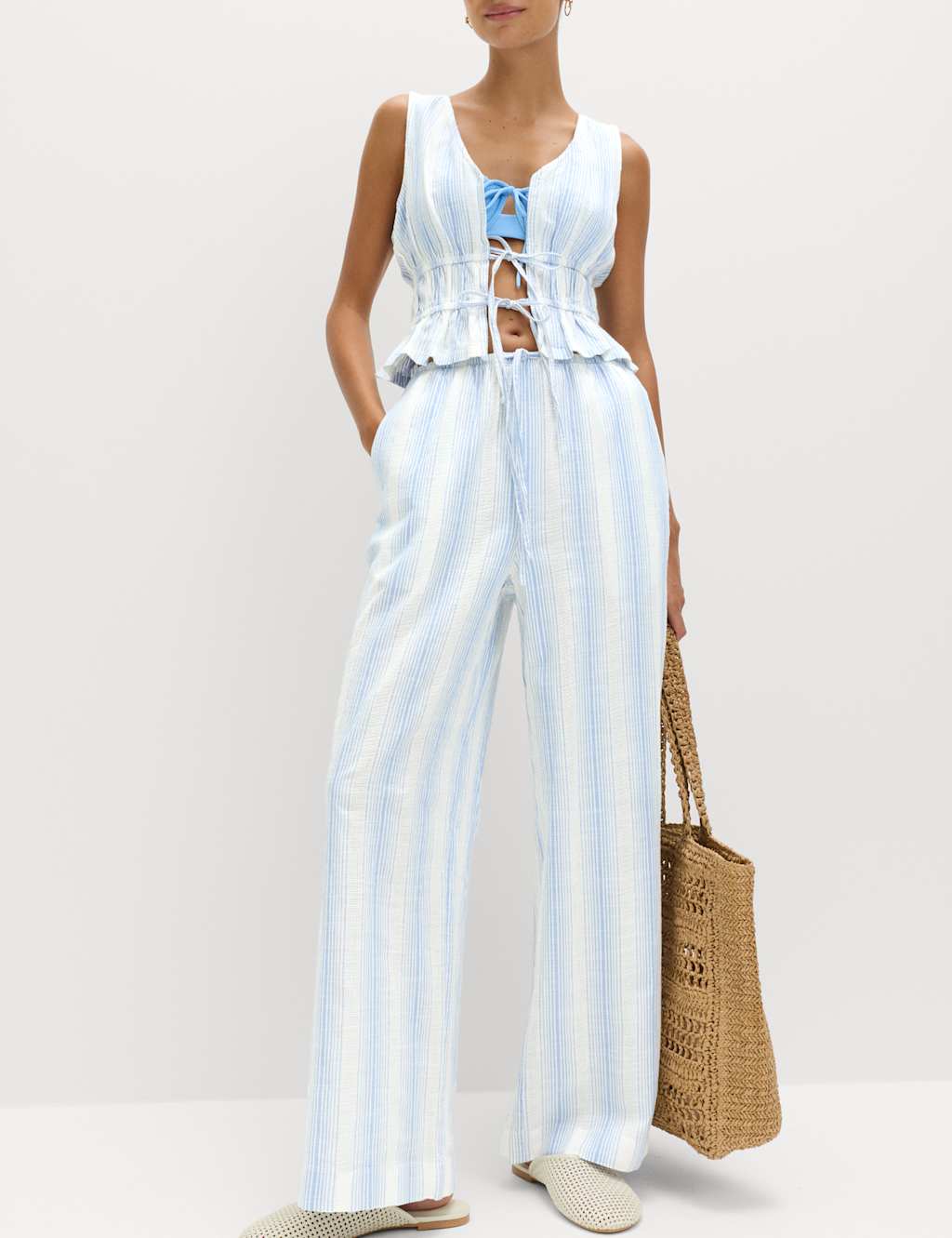 M&S Women's Pure Cotton Striped Beach Trousers - 12 - Blue Mix