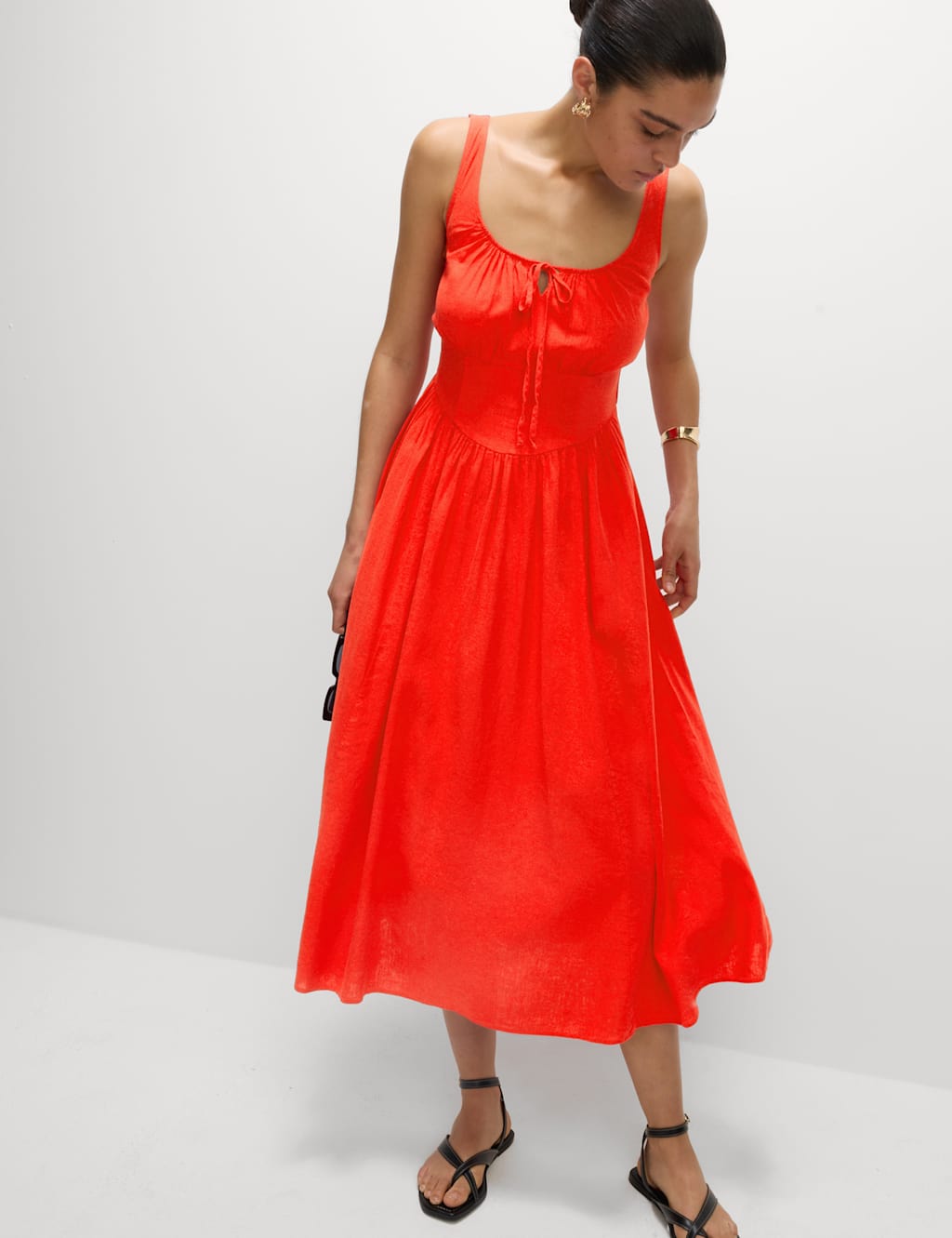 Linen Rich Round Neck Strappy Midi Swing Dress