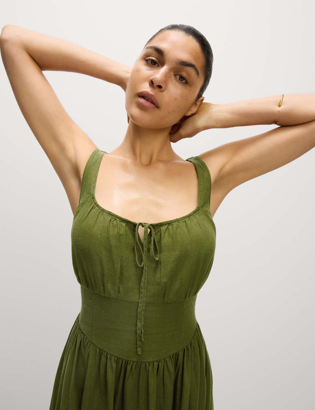 Linen Rich Round Neck Strappy Midi Swing Dress