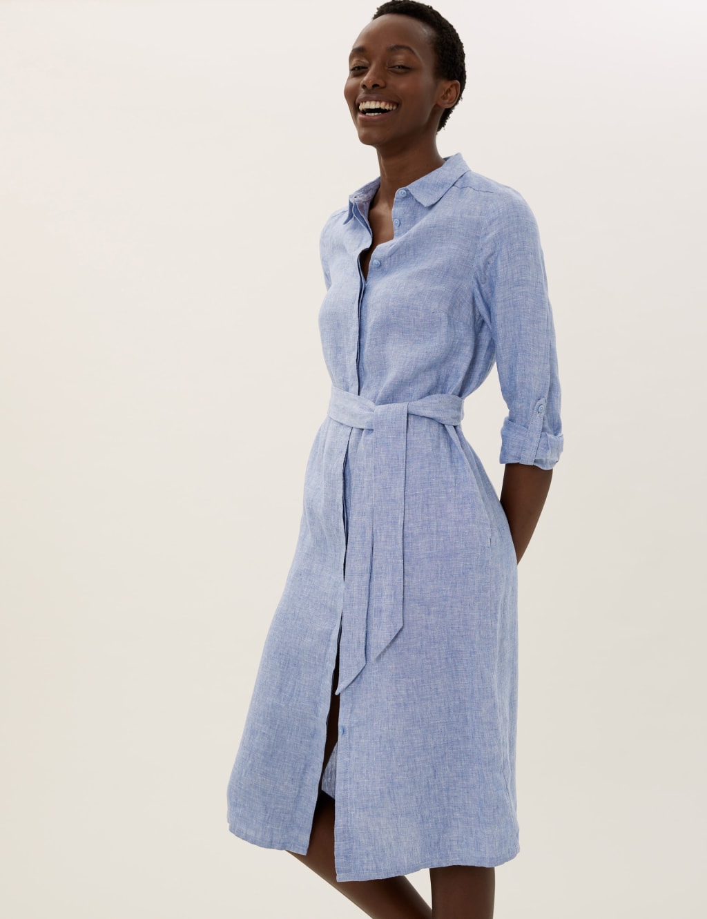 M&S Pure Linen Belted Midi Shirt Dress Chambray