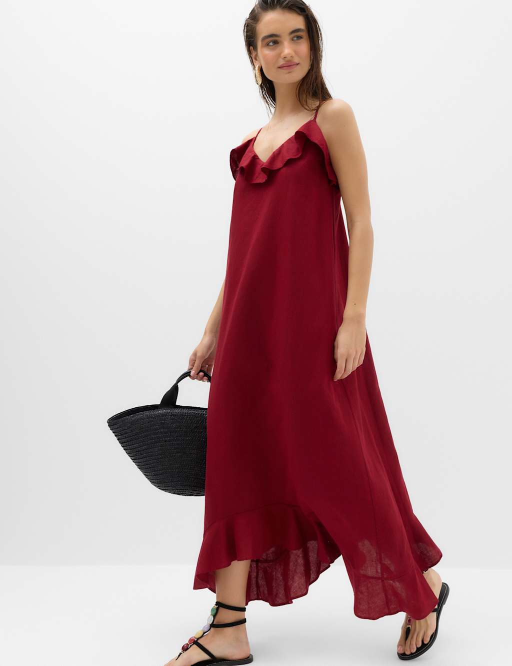 M&S Women's Linen Cotton Blend Ruffle Maxi Dress - 20 - Dark Red