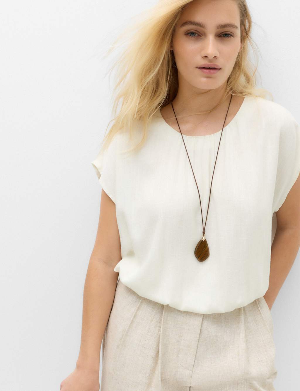 M&S Women's Gathered Hem Top With Linen - 6 - White Mix