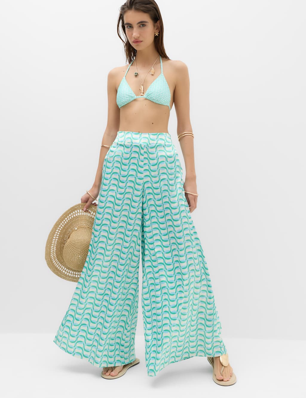 M&S Women's Satin Printed Palazzo Beach Trousers - 14 - Blue Mix