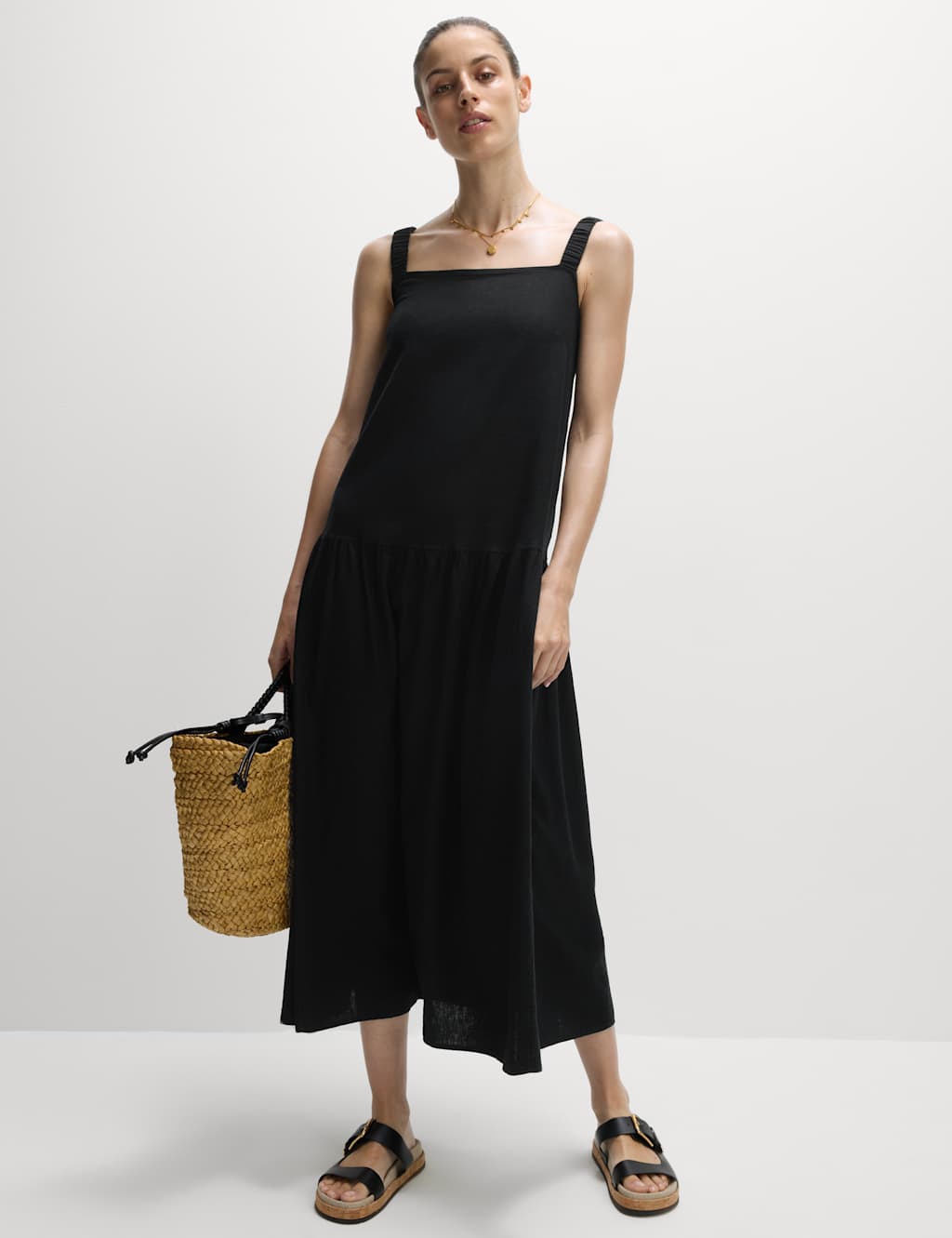 M&S Linen Rich Scoop Neck Midi Drop Waist Dress Black