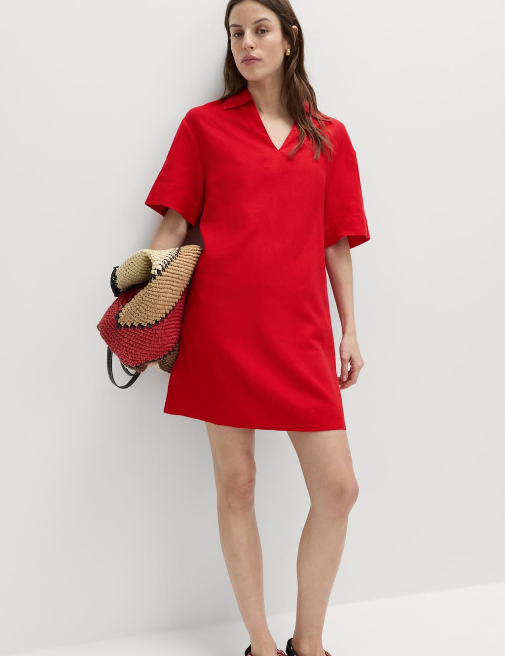 M&S Women's Linen Rich Collared Mini Shift Dress - 10 - Lacquer Red