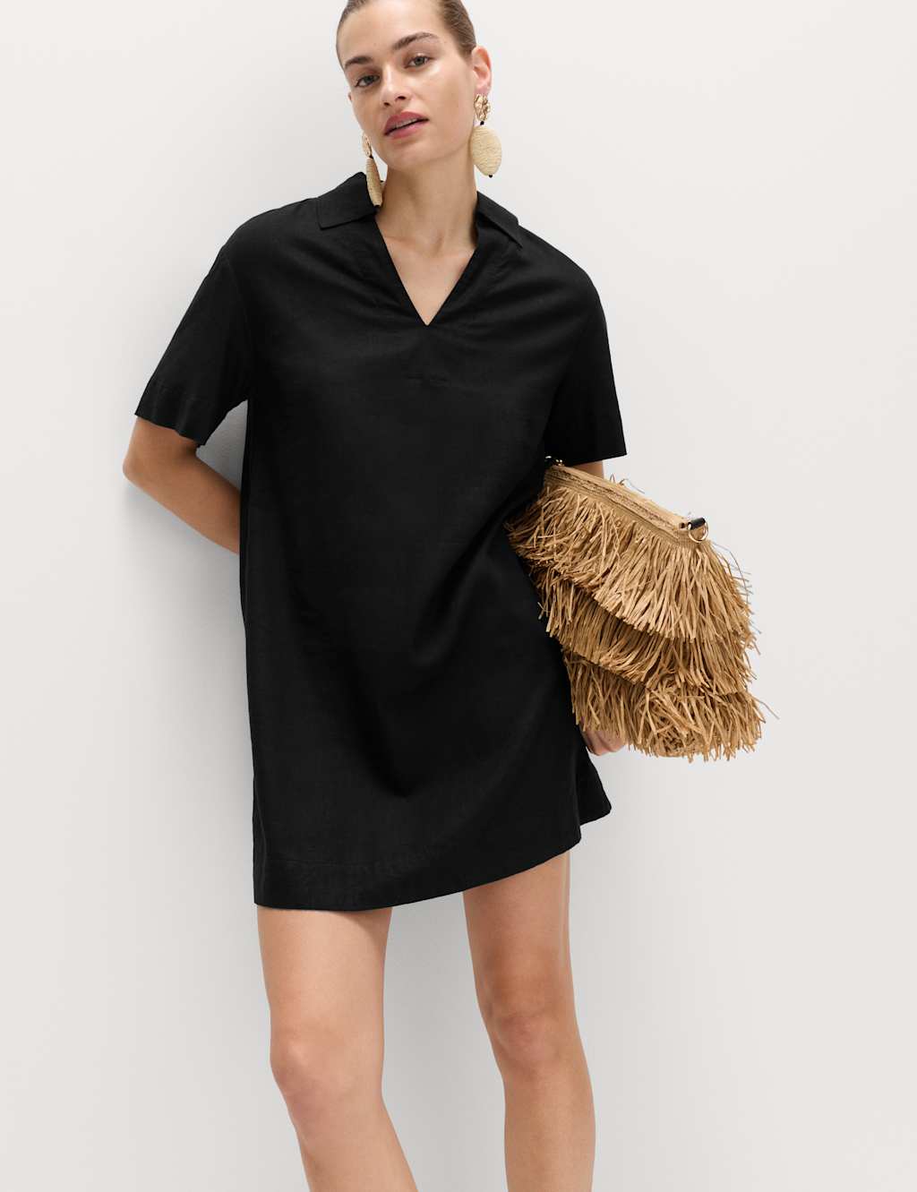 M&S Women's Linen Rich Collared Mini Shift Dress - 20 - Black