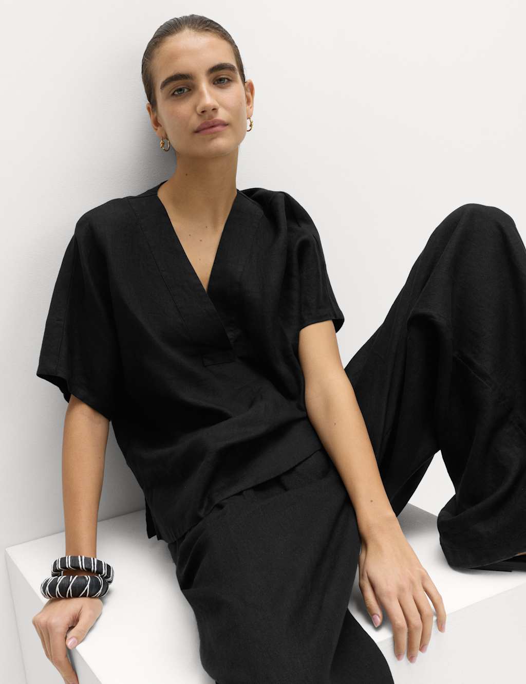 M&S Women's Pure Linen V-Neck Popover Top - 20 - Black