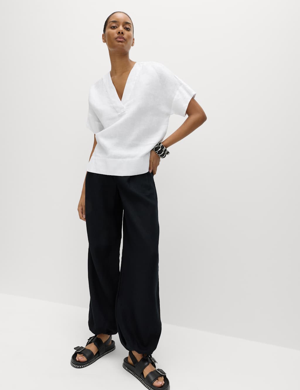 M&S Women's Pure Linen V-Neck Popover Top - 22 - White