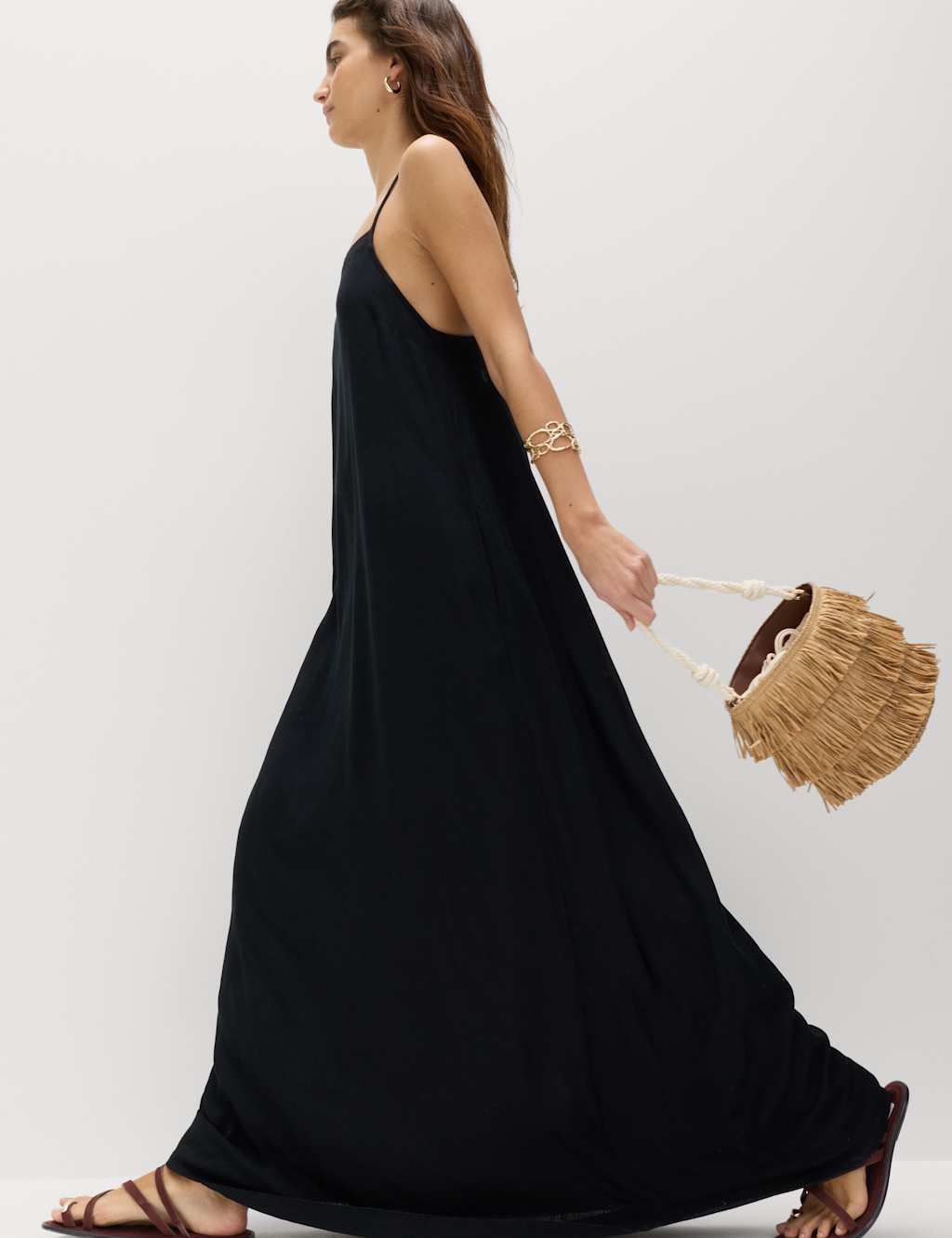 M&S Women's Square Neck Lace Insert Maxi Shift Dress with Linen - 24 - Black