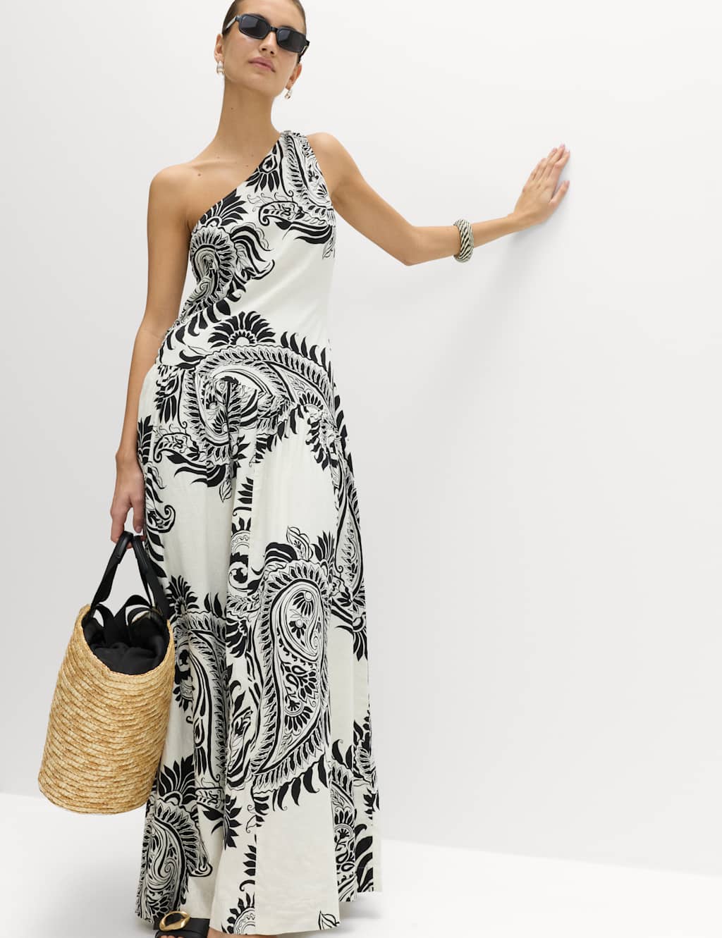 M&S Women's Linen Rich One Shoulder Maxi Shift Dress - 20 - Black Mix