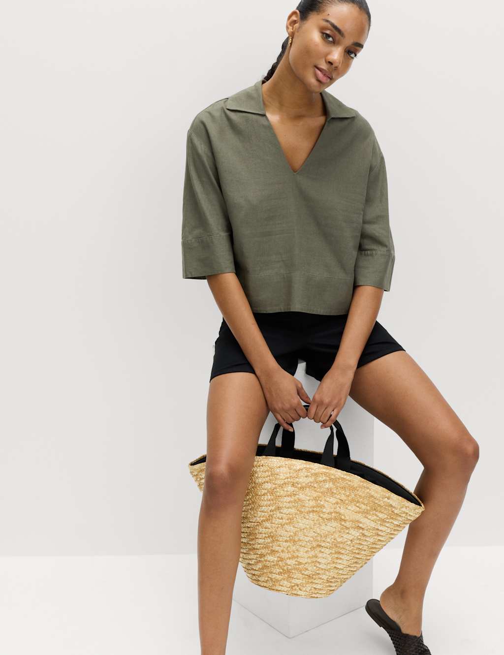 M&S Women's Linen Rich Collared Crop Top - 18 - Dark Khaki