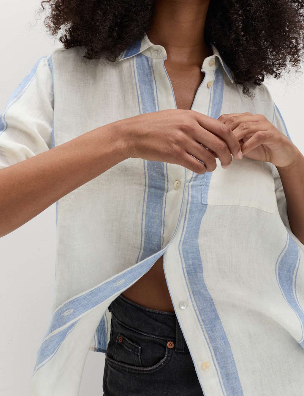 M&S Women's Pure Linen Striped Shirt - 16 - Blue Mix
