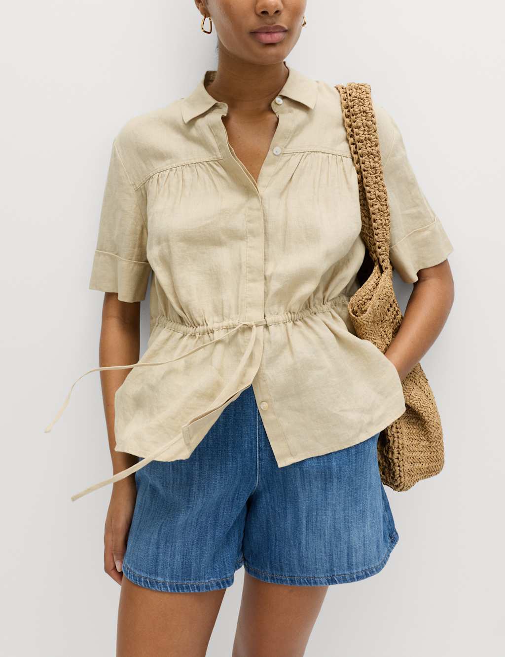 M&S Women's Pure Linen Relaxed Drawstring Shirt - 14 - Sandstone