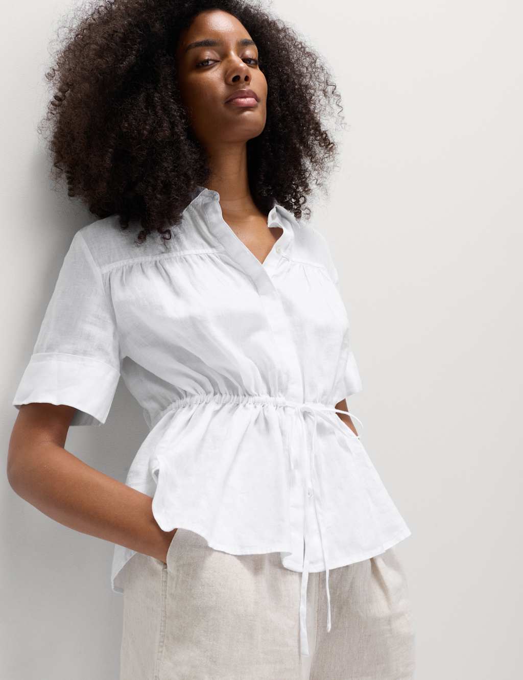 M&S Women's Pure Linen Relaxed Drawstring Shirt - 18 - White
