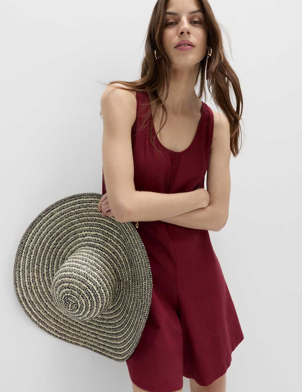 M&S Women's Linen Rich Tie Detail Volume Playsuit - 14 - Light Wine