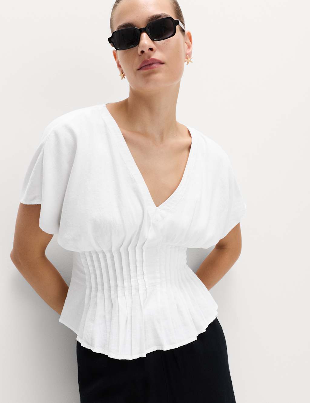M&S Women's Linen Rich Waisted Top - 10 - White