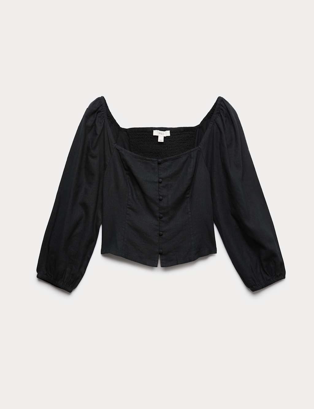 M&S Women's Linen Rich Puff Sleeve Top - 8 - Black