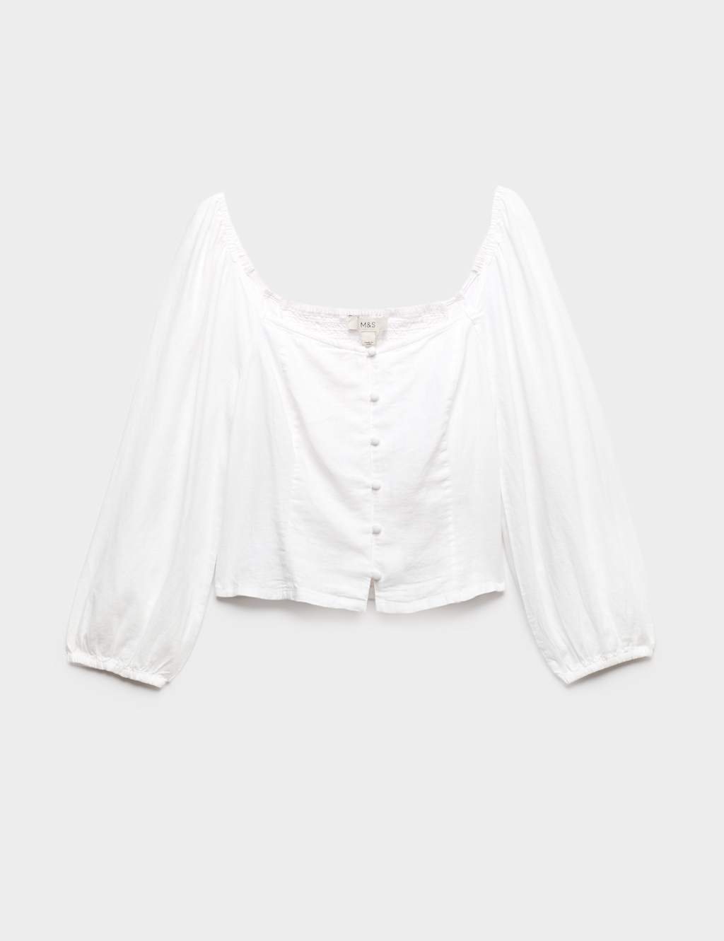 M&S Women's Linen Rich Puff Sleeve Top - 16 - White