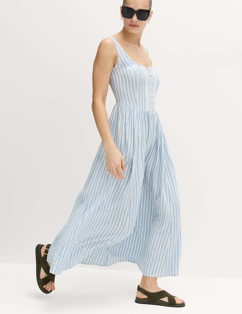 M&S Women's Linen Rich Lace Insert Strappy Midi Shift Dress - 12 - Blue Mix