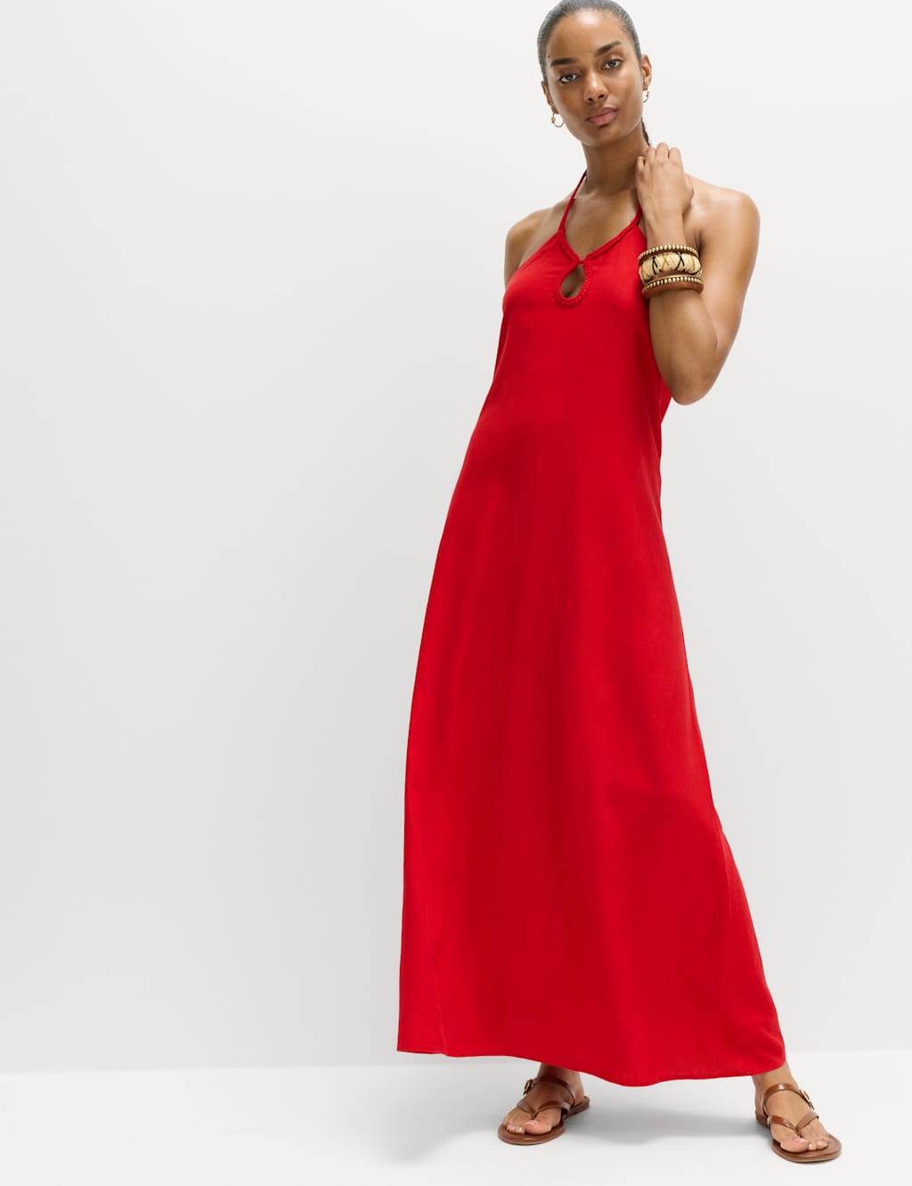M&S Women's Linen Rich Halter Neck Maxi Dress - 18 - Lacquer Red