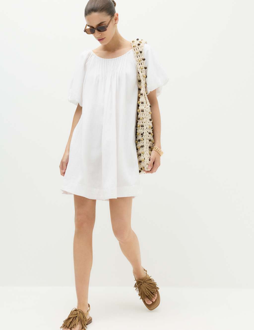 M&S Women's Linen Rich Puff Sleeve Mini Smock Dress - 20 - White