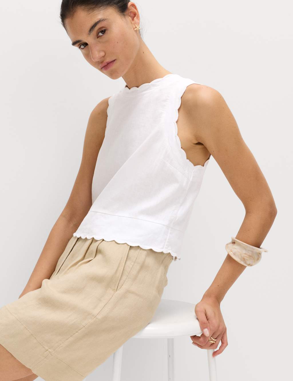 M&S Women's Linen Rich Scallop Vest Top - 20 - White