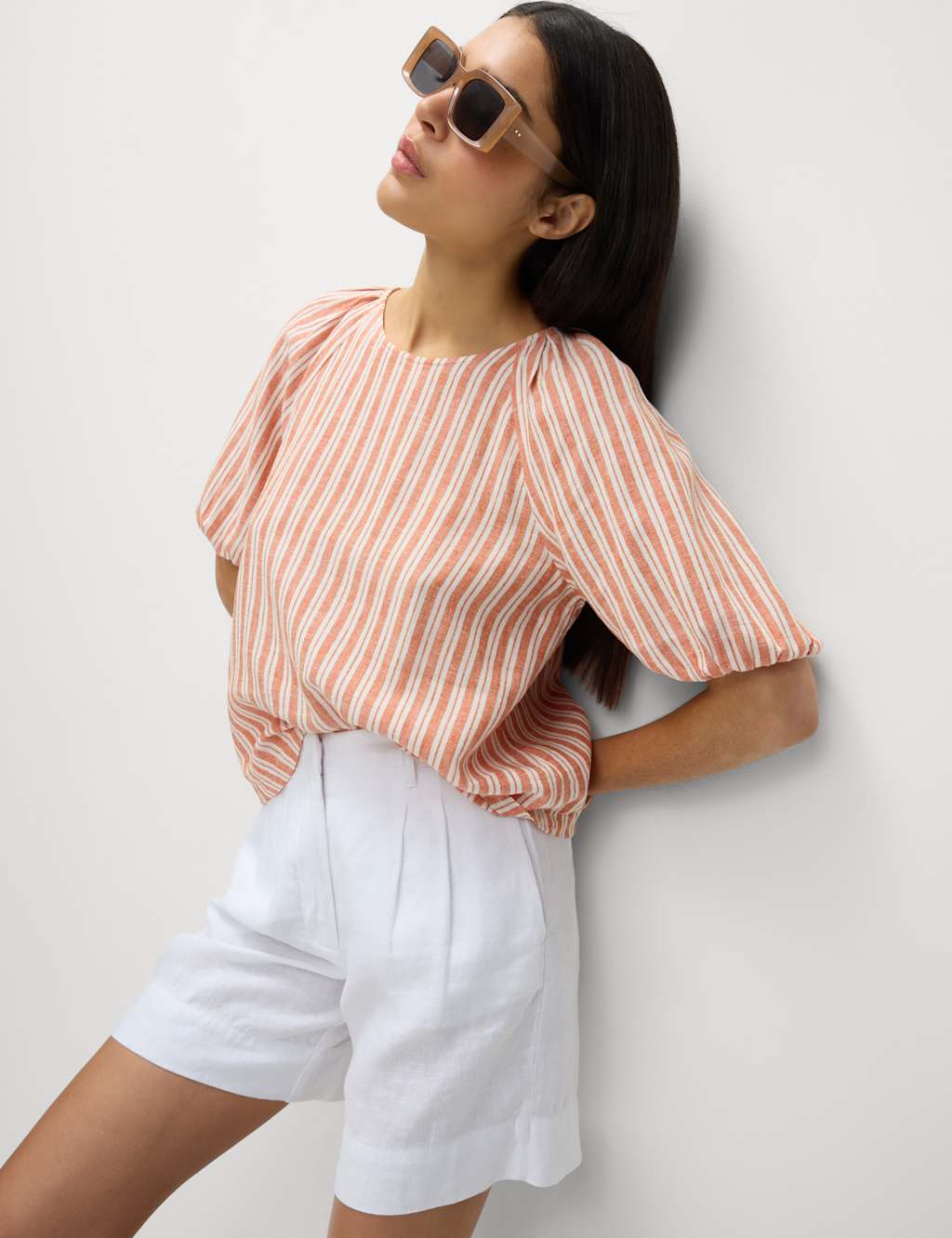 Linen Rich Striped Puff Sleeve Blouse