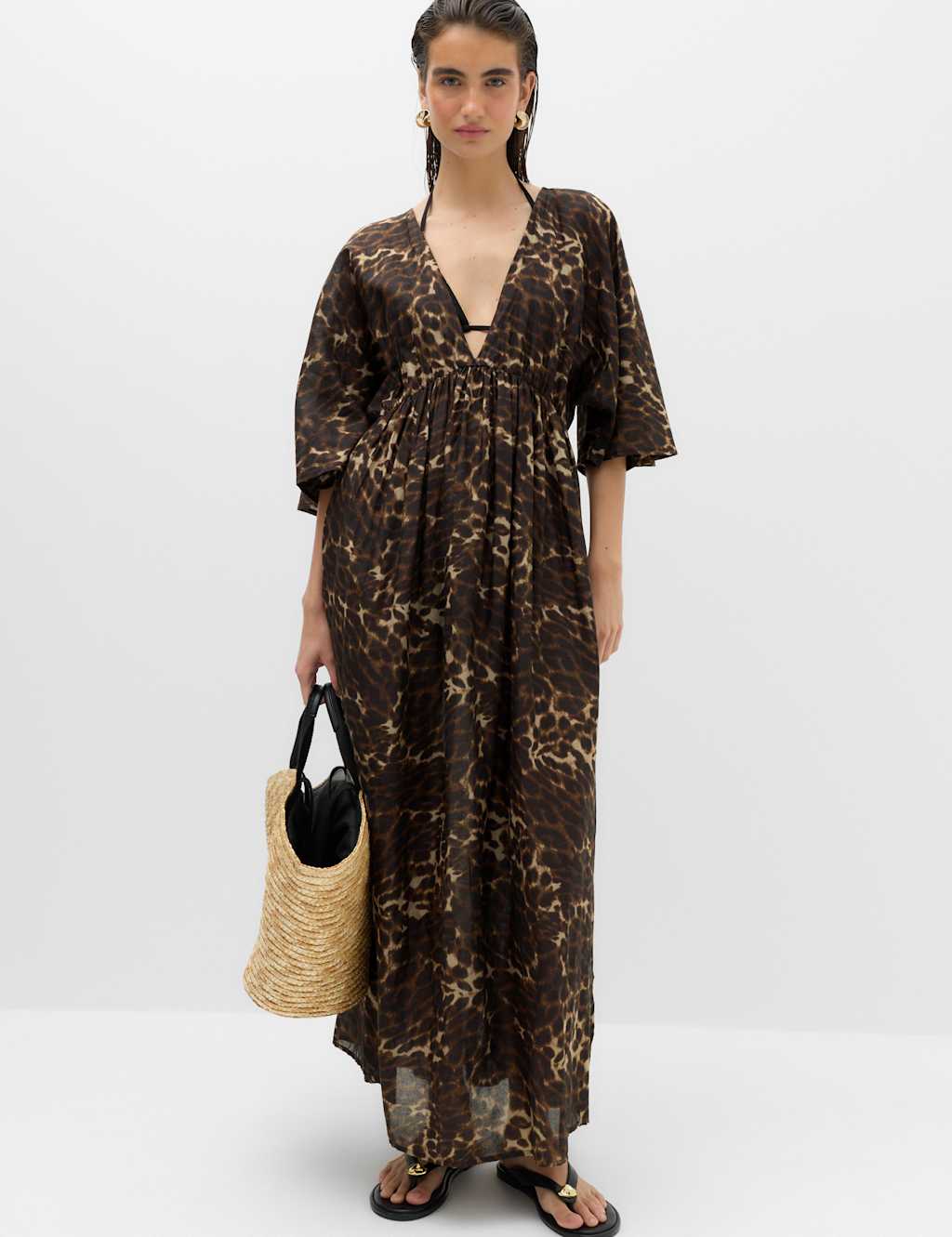 M&S Women's Pure Cotton Printed V-Neck Sheer Kaftan - Small - Brown Mix