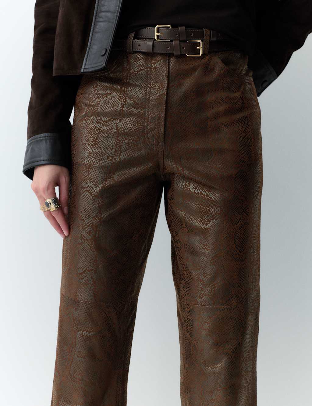 Per Una Leather Snake Print Straight Leg Trousers Brown Mix